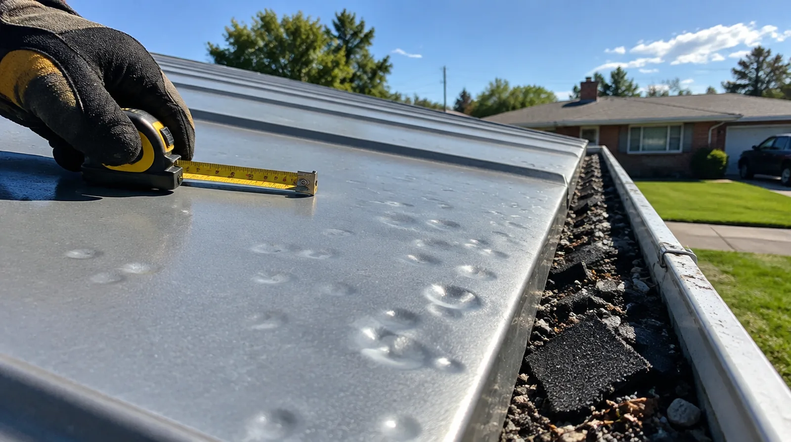 Roofer checking a metal roof panel for hail marks in Commerce City, CO