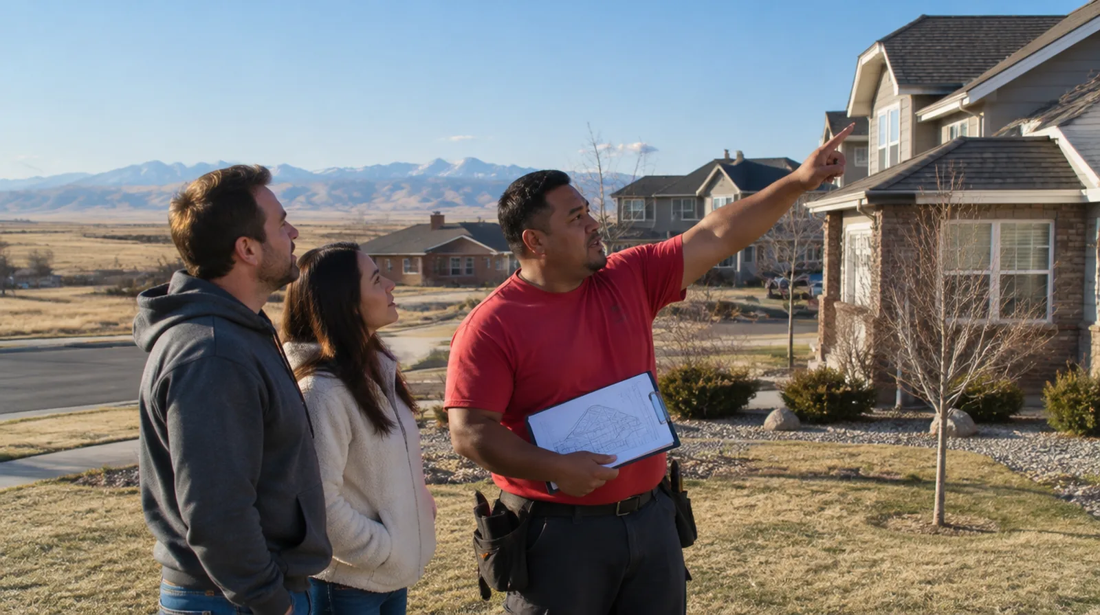 Roofer reviewing a roofing plan with a homeowner in Commerce City, CO